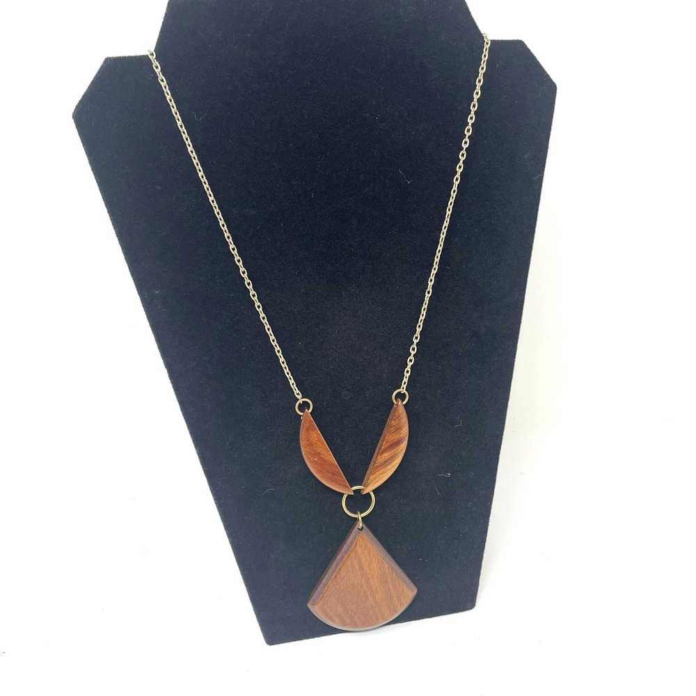 Wood Triangle Pendant‎ Necklace Mid Century Modern Hardwood Gold-tone 13.5"
